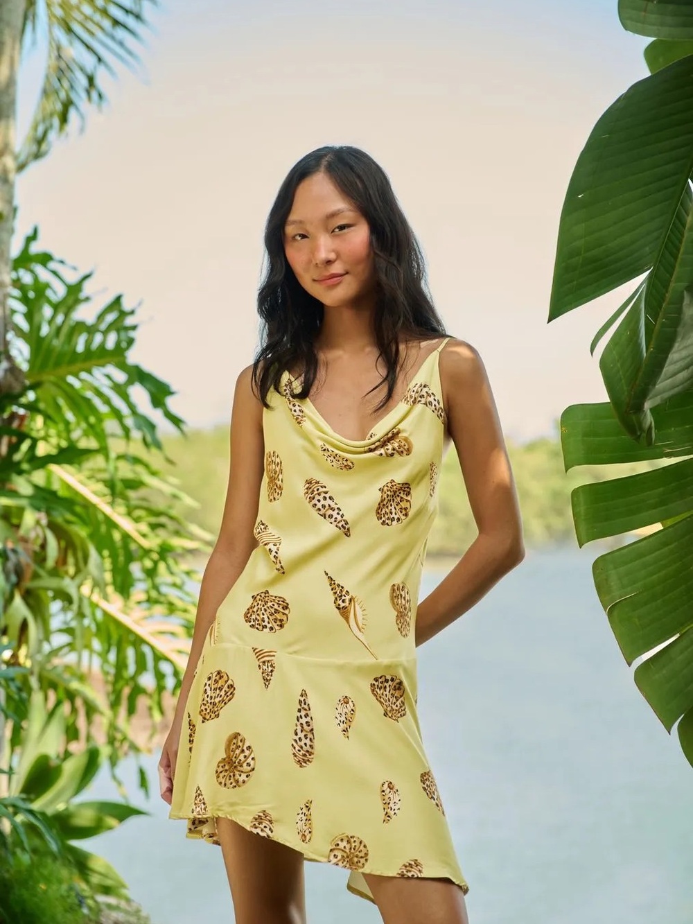 NWT Farm Rio Yellow Cowl Neck Slip Dress with Leopard Print Shells size XL